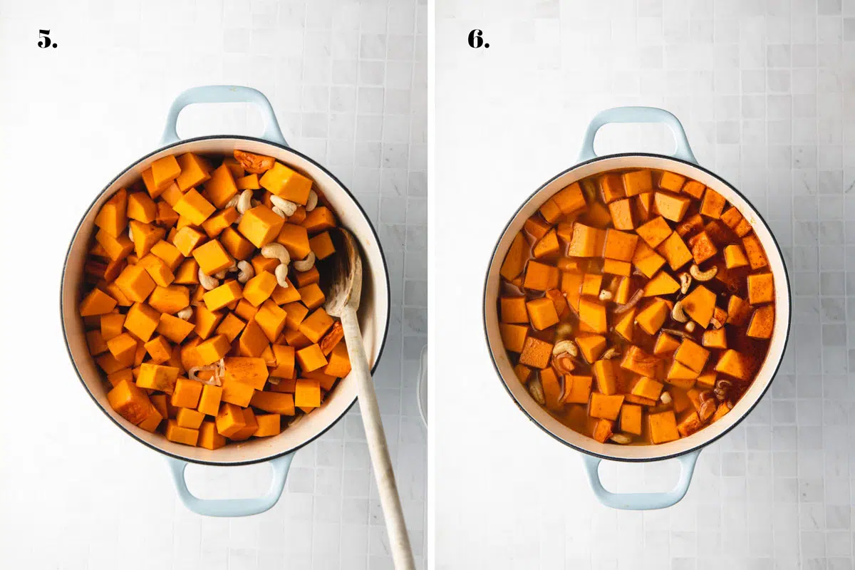 Two food images with pumpkin soup cooking in a pot.