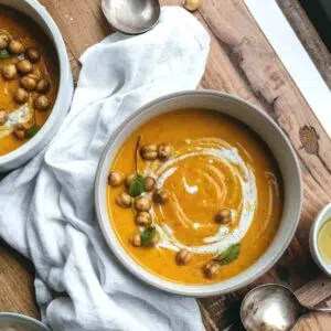 A bowl of pumpkin soup with crispy chickpeas.