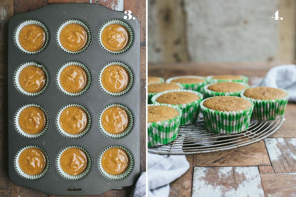 instructional images showing batter poured into muffins trays.
