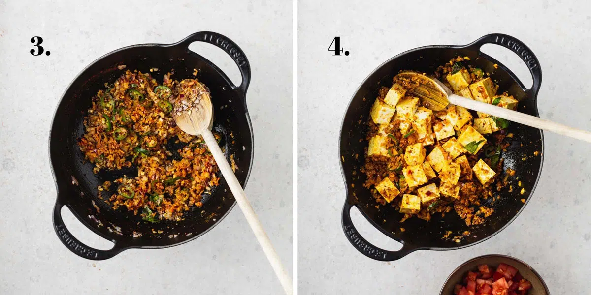 Two food images showing tofu and spices cooking in a pan.