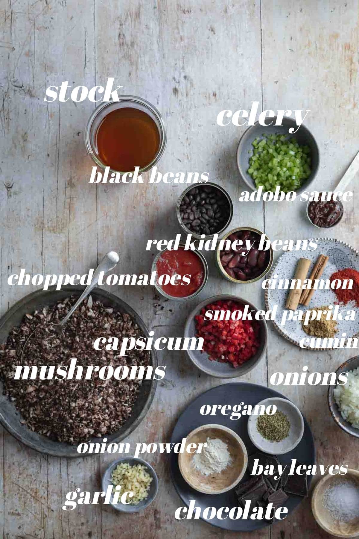 Chili sin carne ingredients in bowls.