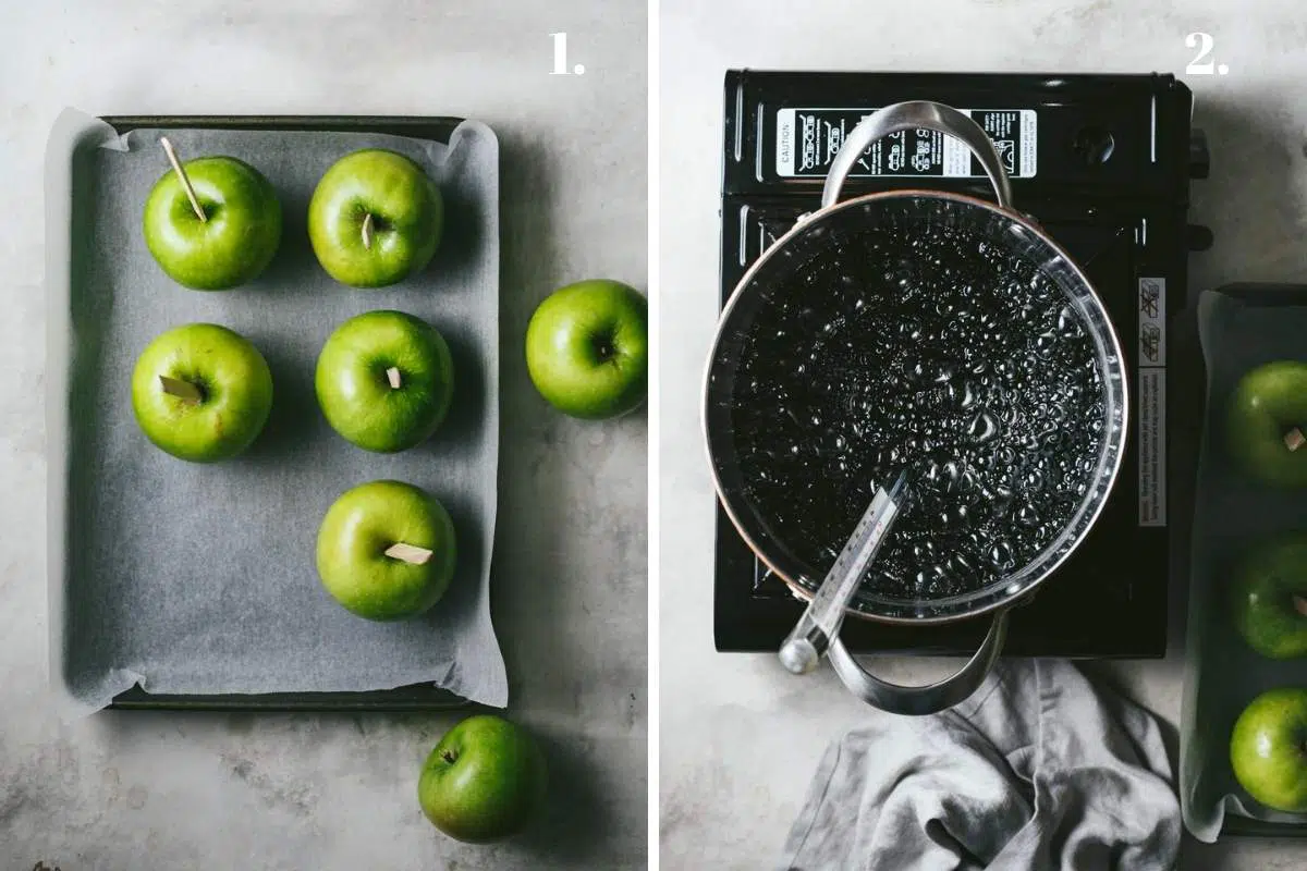 Two food images showing apples prepared for candy apples.