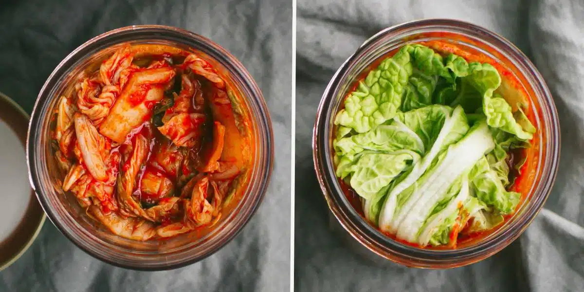 Two food images of kimchi in jars. 