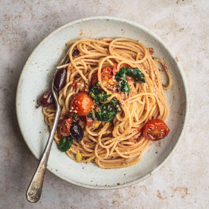 Vegan Spaghetti with Tomato Sauce and Olives My Goodness Kitchen