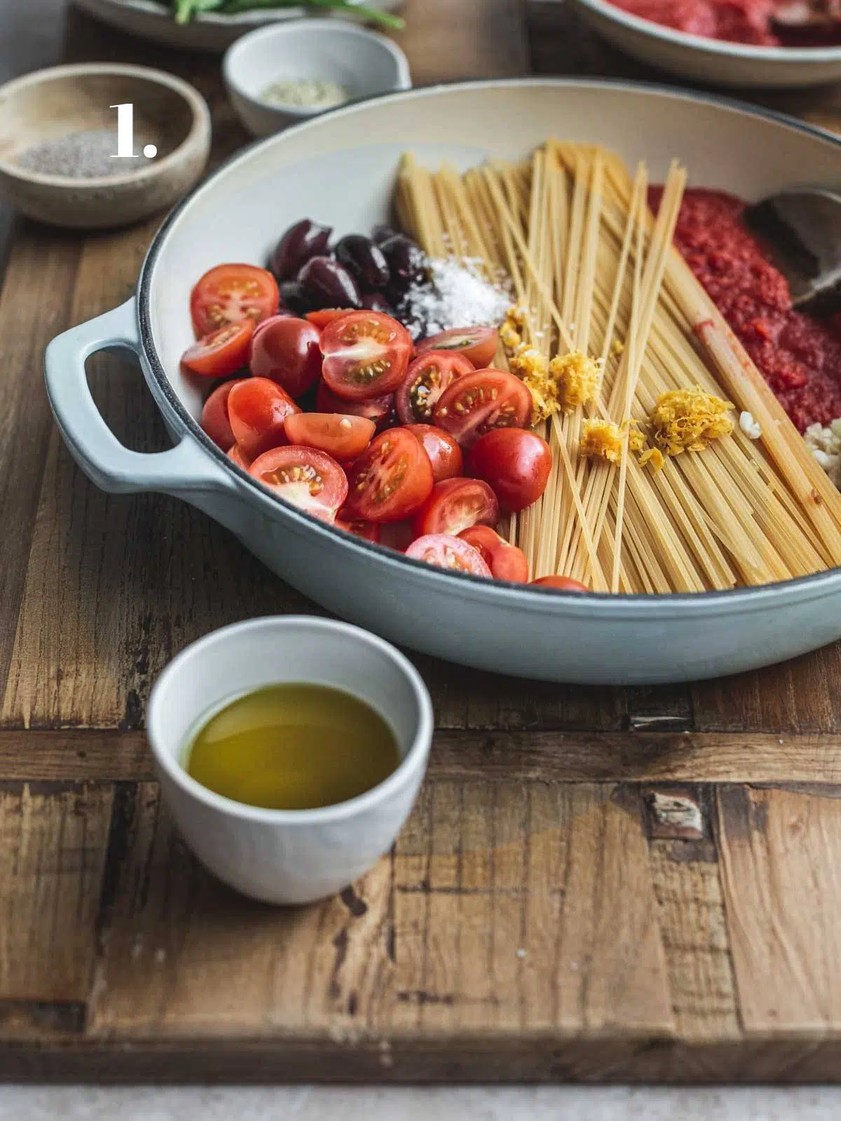 Spaghetti ingredients in a pan.