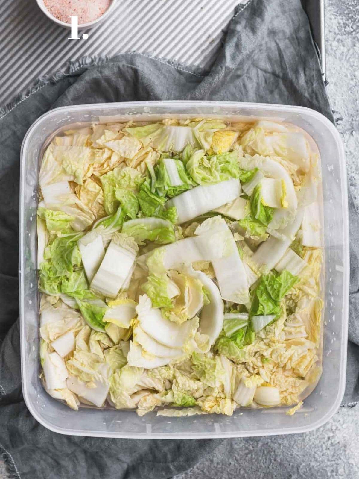Chopped cabbage soaking in water in a container. 
