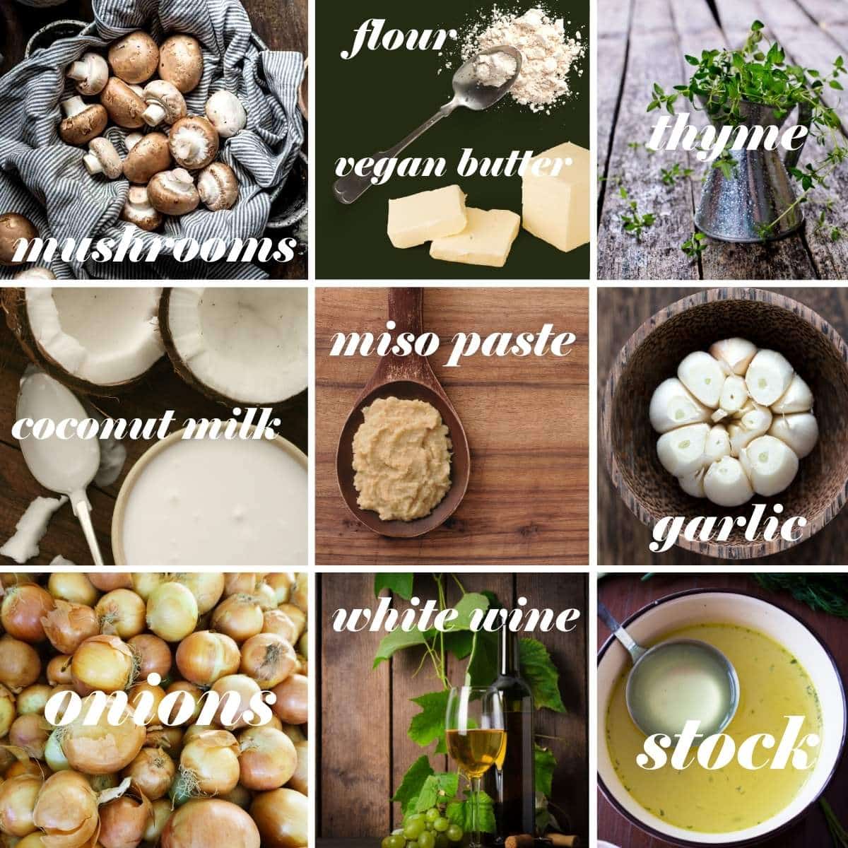 Mushroom soup ingredients in a grid with labels.