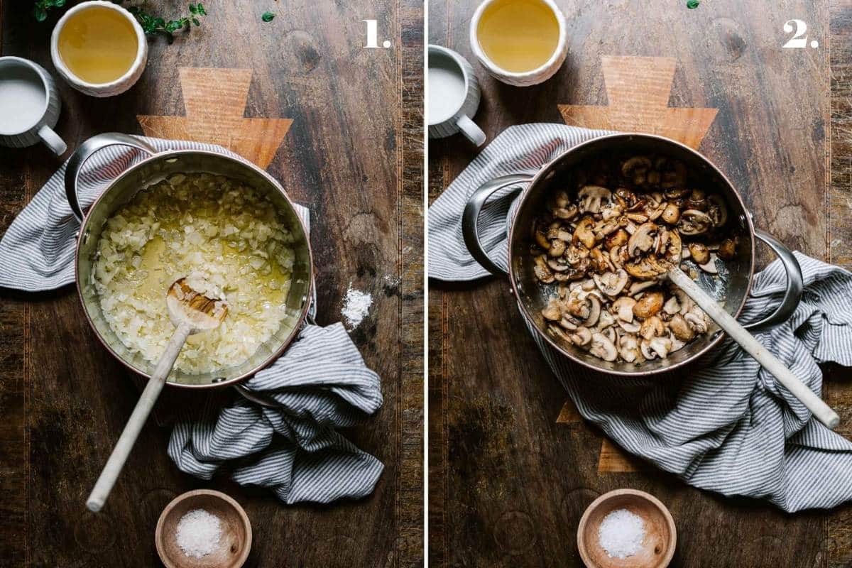 Two food images showing onions and mushroom cooking in a pot.