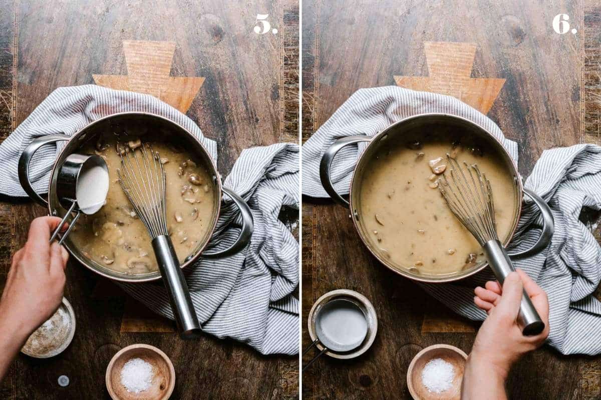 Two food images of mushroom soup cooking in a pot.