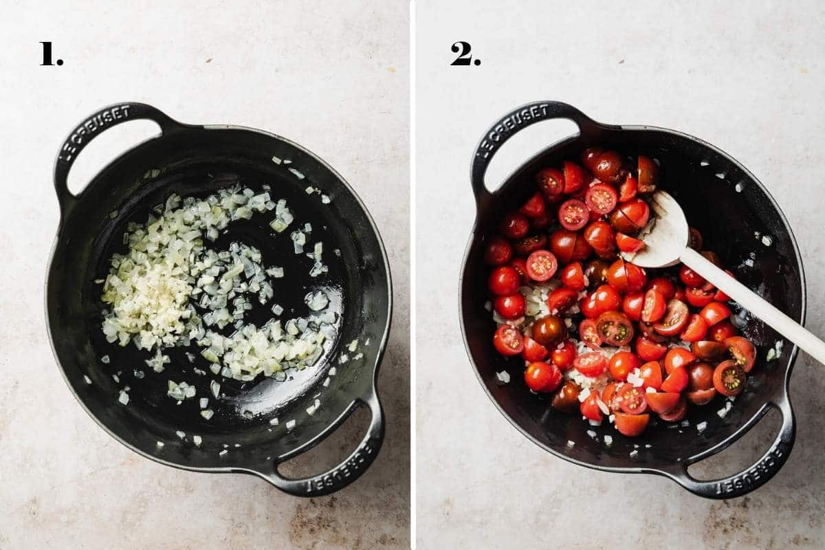 Two food images with onions and tomatoes cooking in a pan.