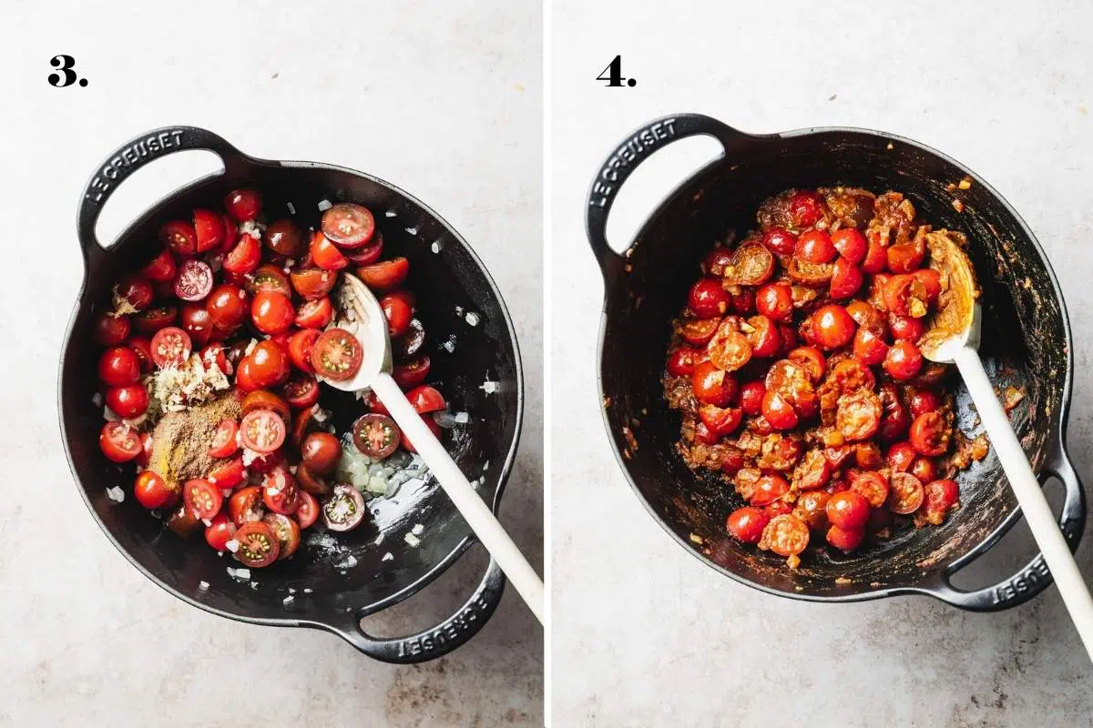 Two food images with tomatoes cooking in spices in a pan.