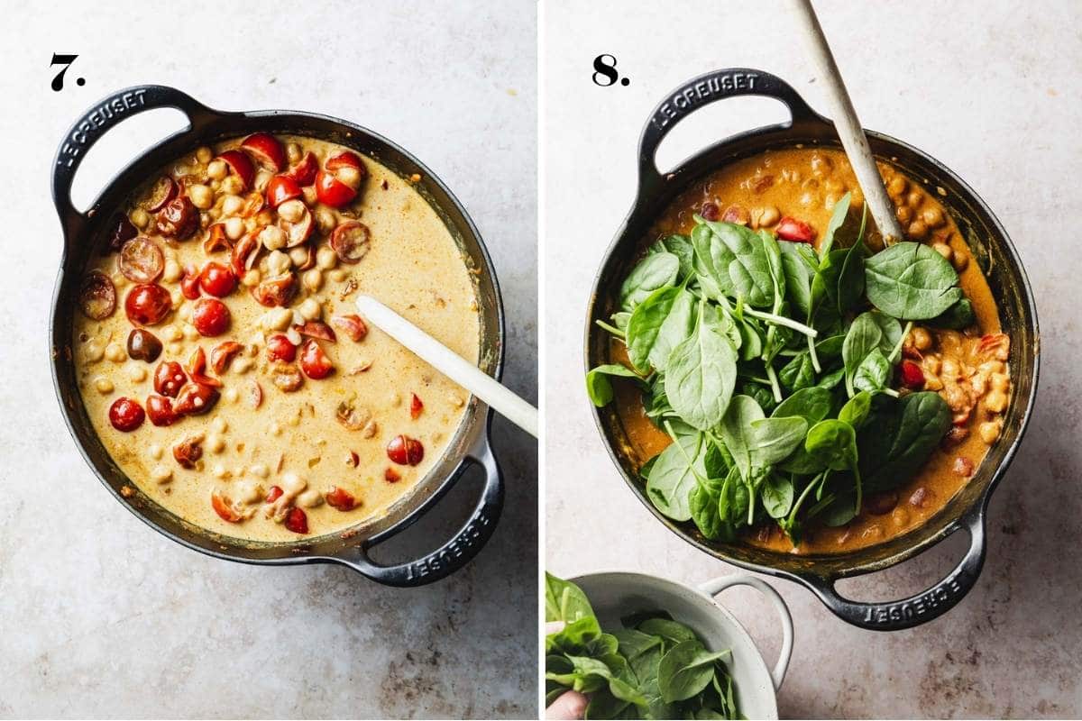 Two food images of a curry cooking in a pan.