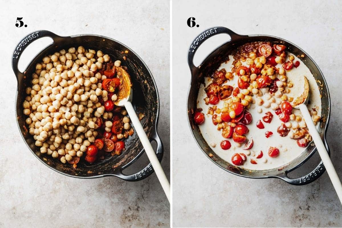 Two food images with chickpeas and tomatoes cooking in coconut milk.