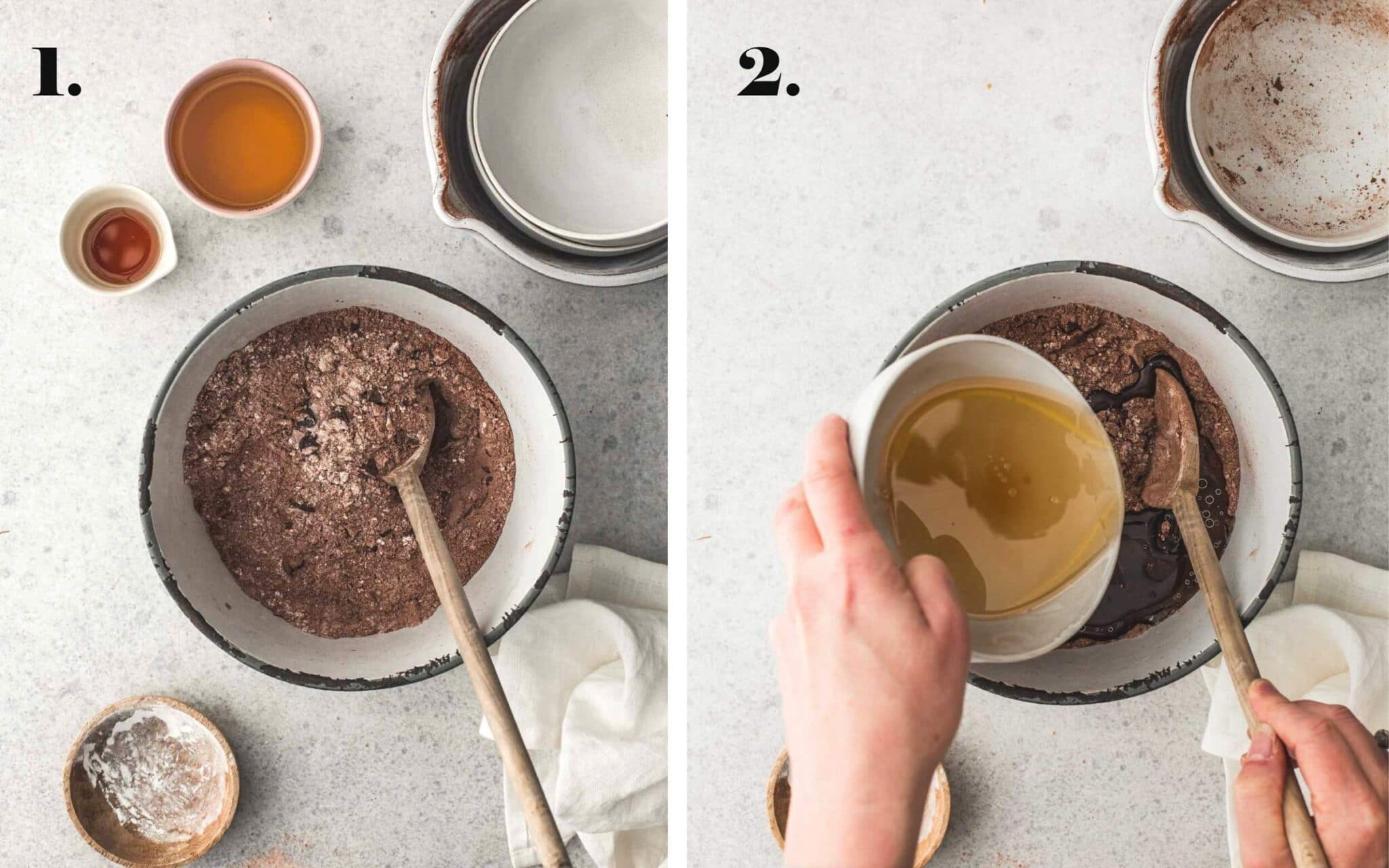 Two food images showing mixing and pouring brownie batter.