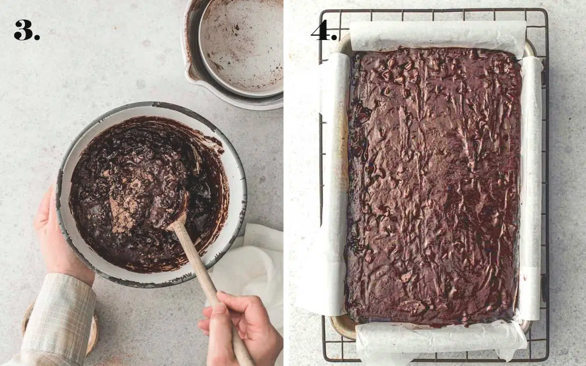 Two food images showing batter in bowl and spread in baking pan.