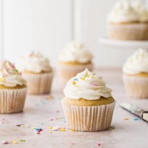 Frosted vanilla cupcakes with sprinkles.
