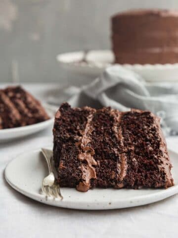 A slice of vegan chocolate cake with frosting.
