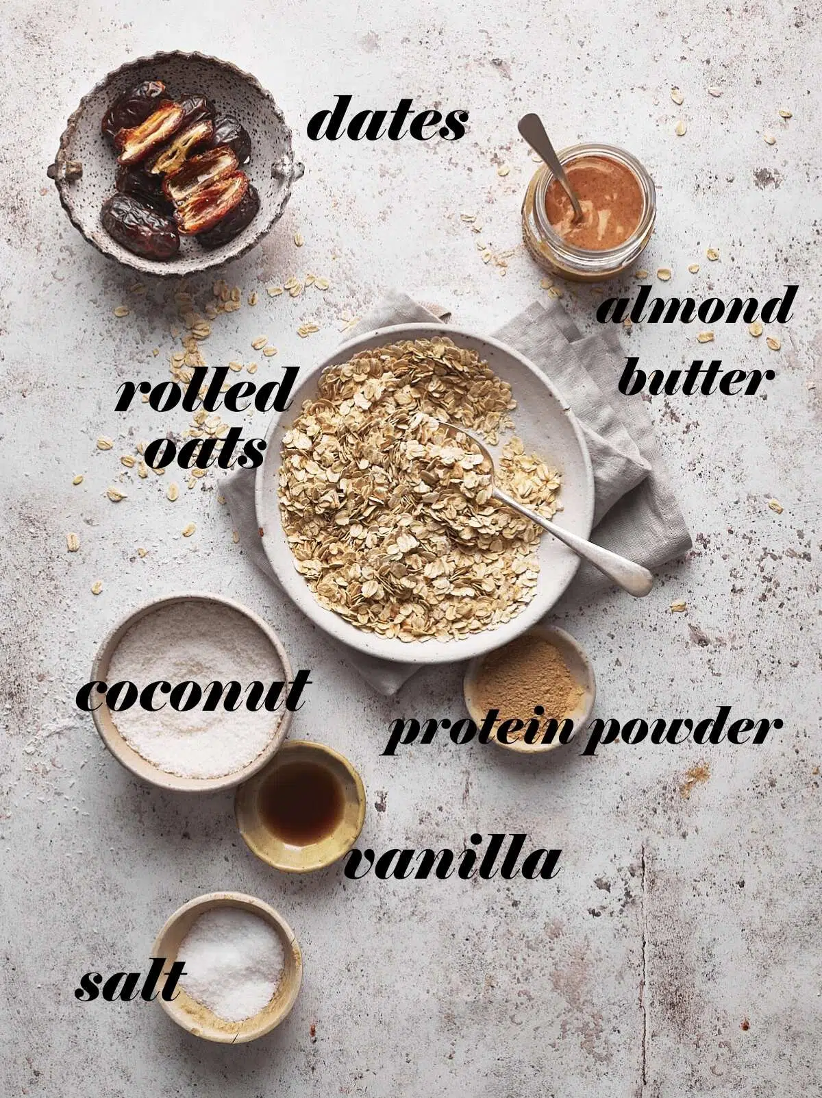 Labelled bowls of ingredients.