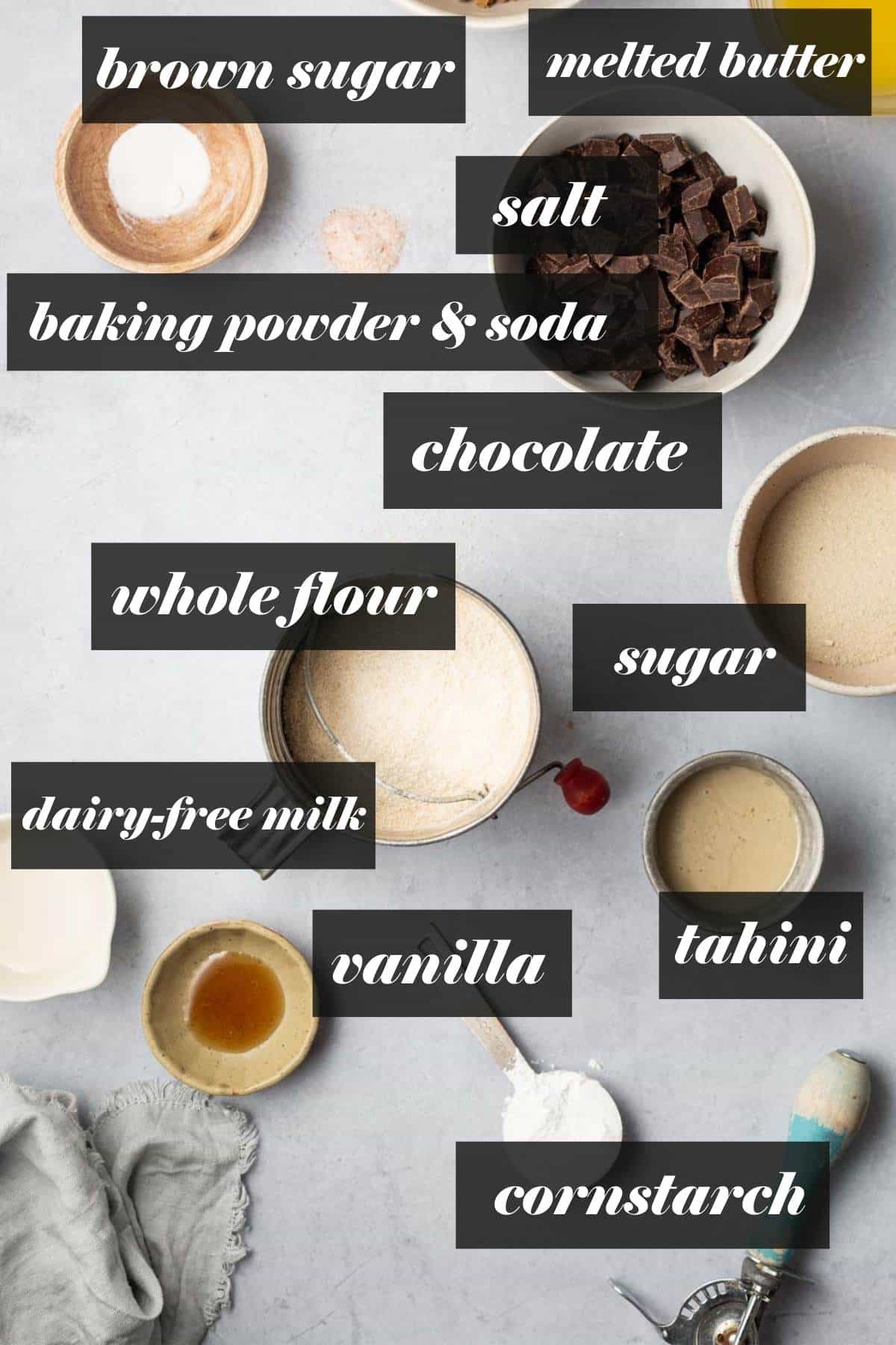 Cookie ingredients laid out with labels. 