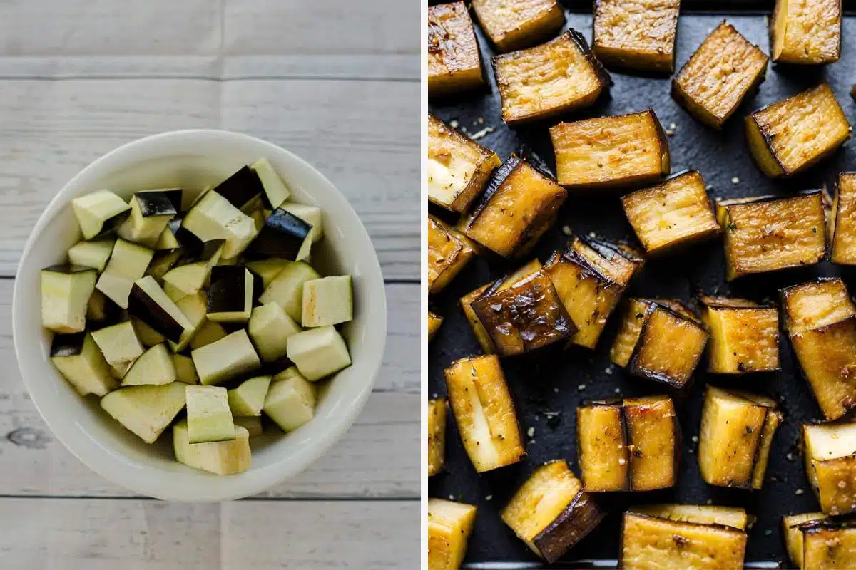 Two images of cubed eggplant before and after roasting. 