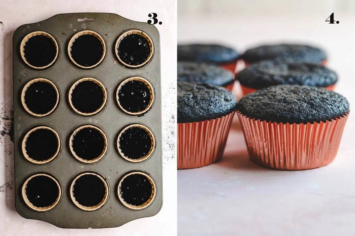 Two images of black cupcakes before baking and after. 