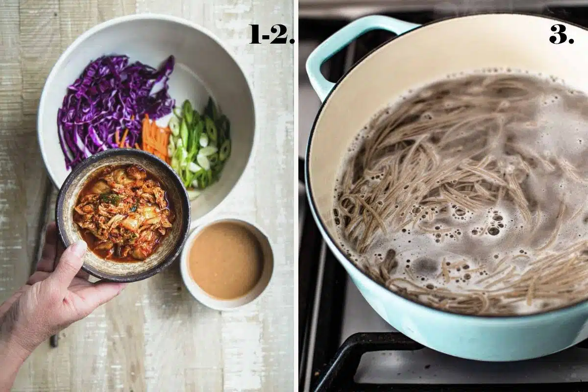 Two images showing crunchy noodles in a bowl and noodles cooking for kimchi noodle salad.