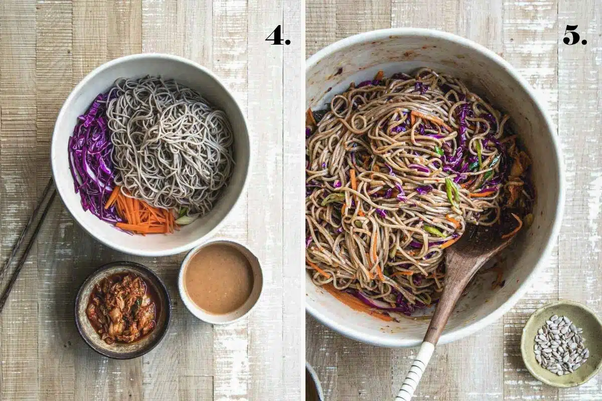 Two images showing cooked noodles added to a bowl and mixed with a kimchi noodle salad dressing.