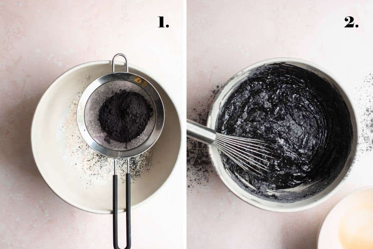Two images of cupcake ingredients whisked and then combined.