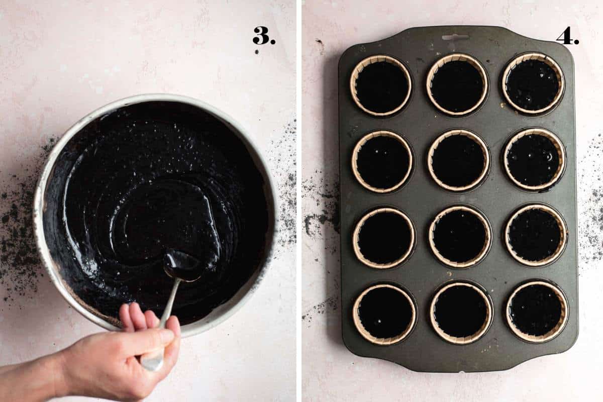 Two images of cake batter mixed and in cupcake moulds. 