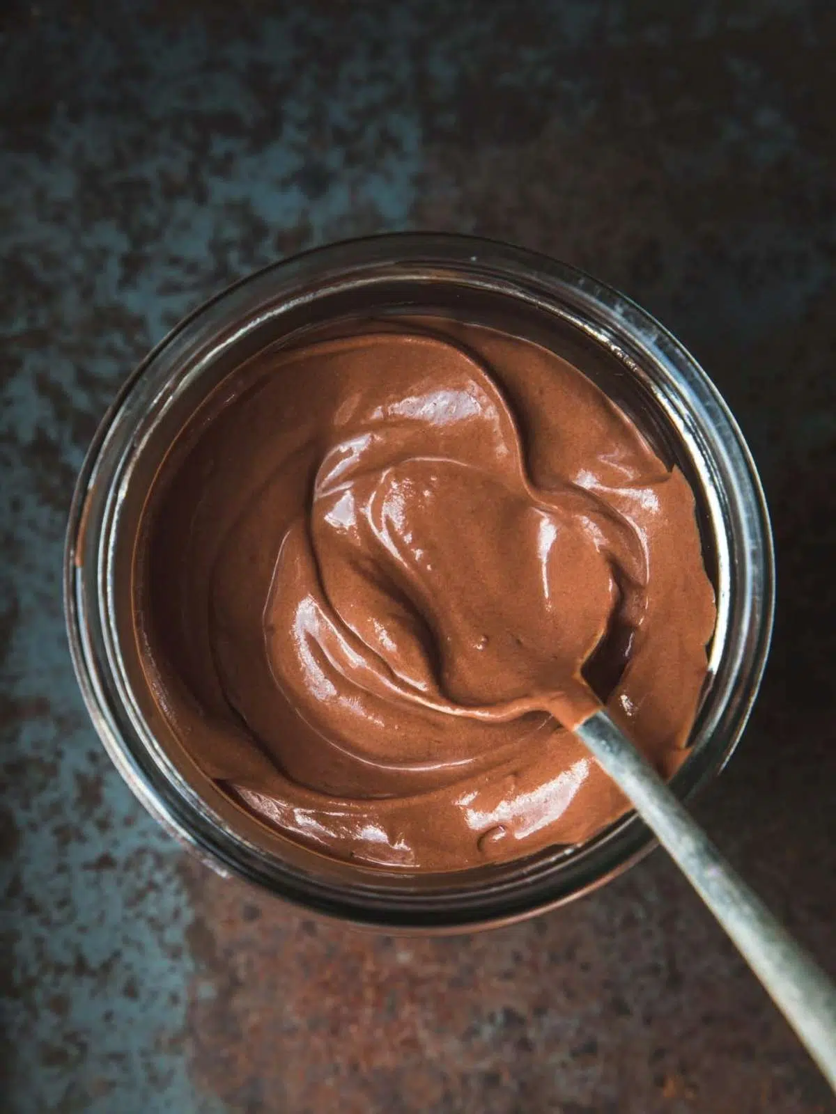 Blended chocolate mousse in a blender bowl.