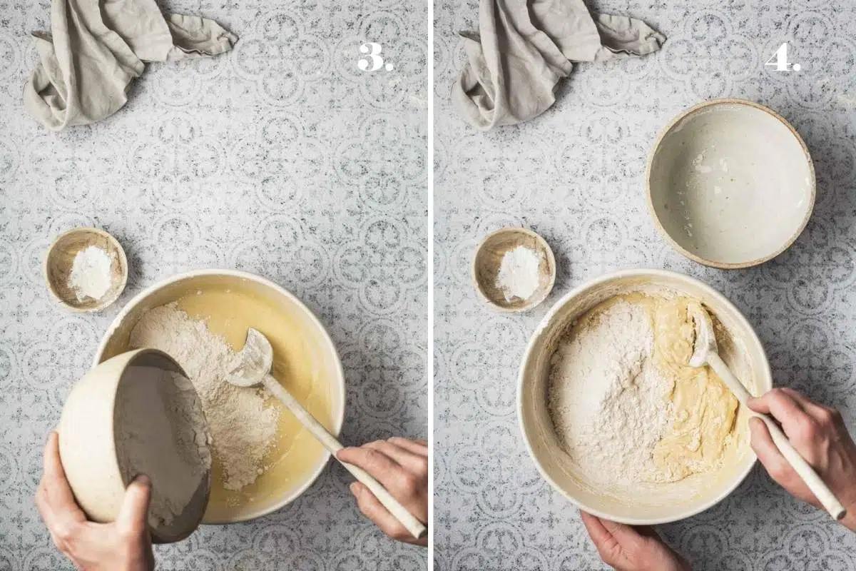 Two images of batter with flour being added. 