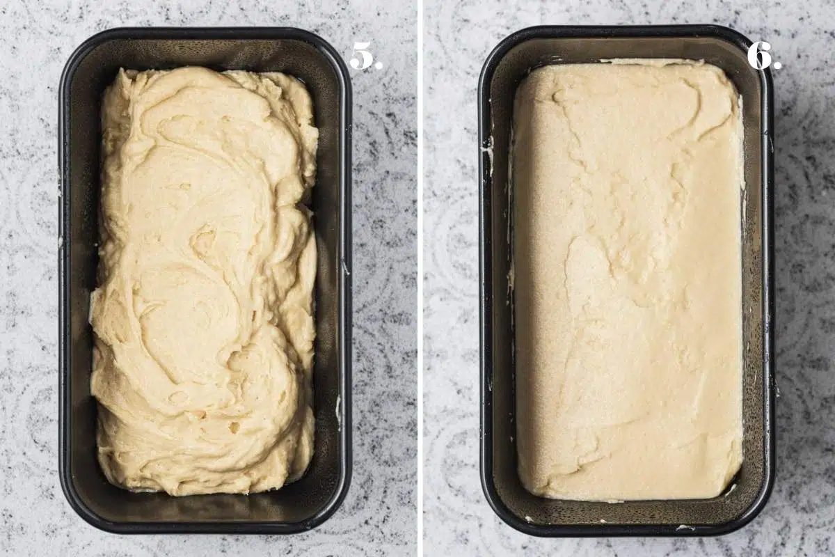 Two images of batter in a pan before baking.