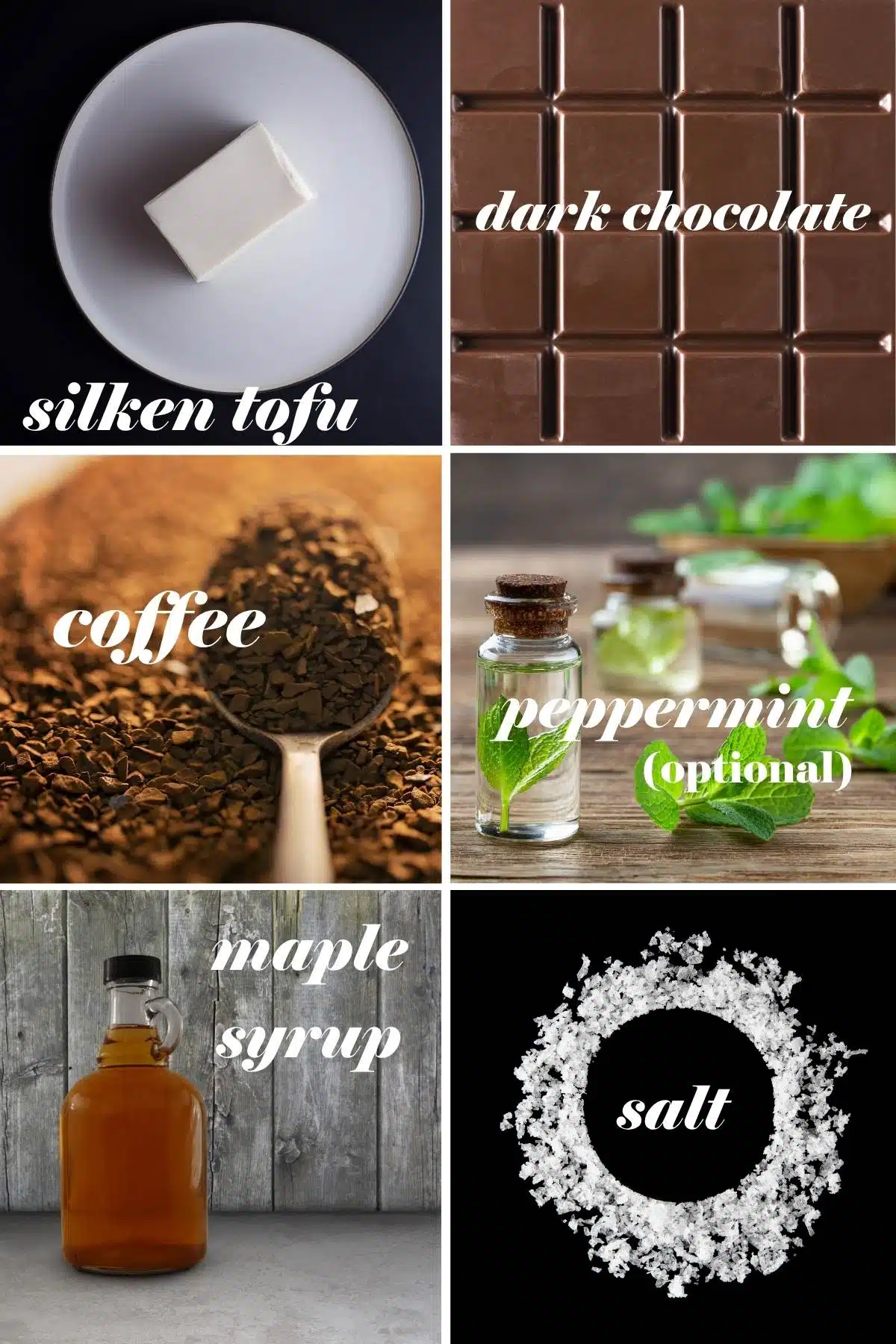 Silken tofu chocolate mousse ingredients labelled.