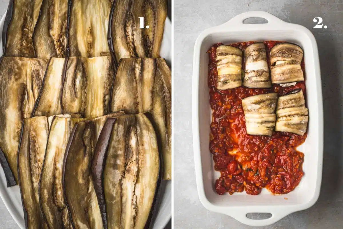 Two food images with roast eggplant and involtini in a dish.