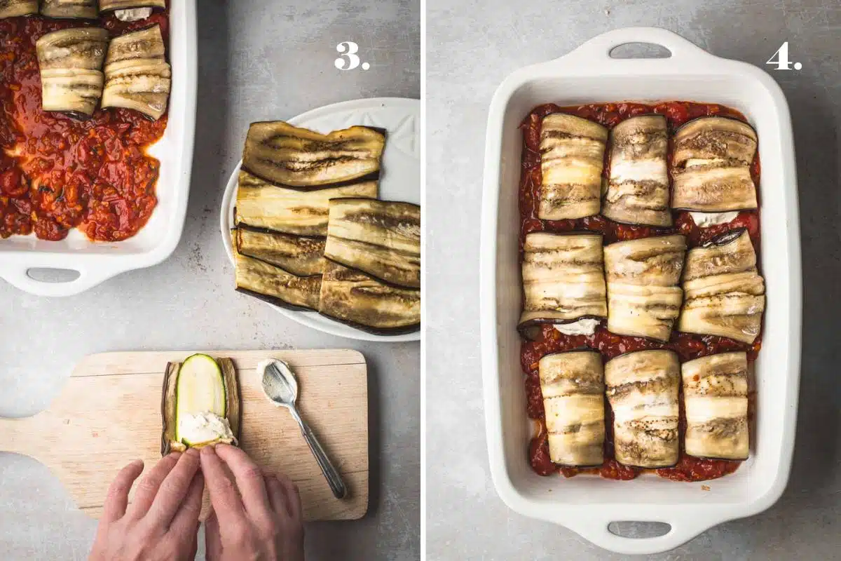 Two food images showing ricotta being rolled in eggplant. 