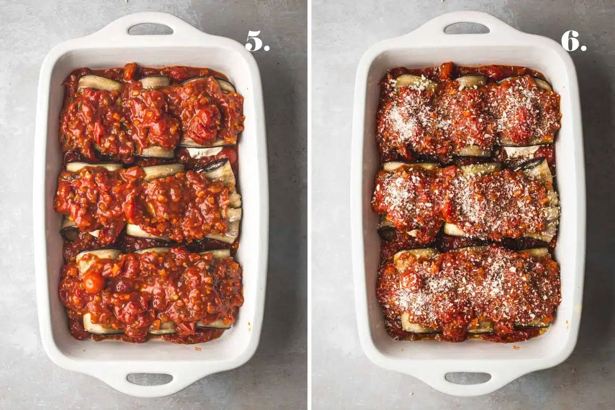 Two food images with eggplant rolls and topped with breadcrumbs.