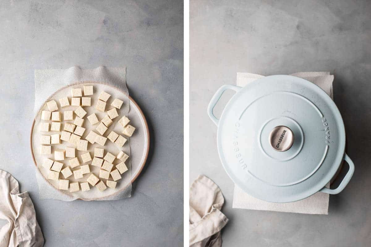 Two images of tofu being pressed under a pot.