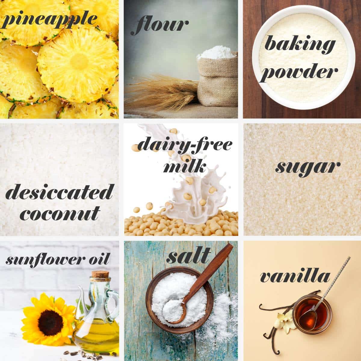 Pineapple cupcake ingredients in a grid labelled.