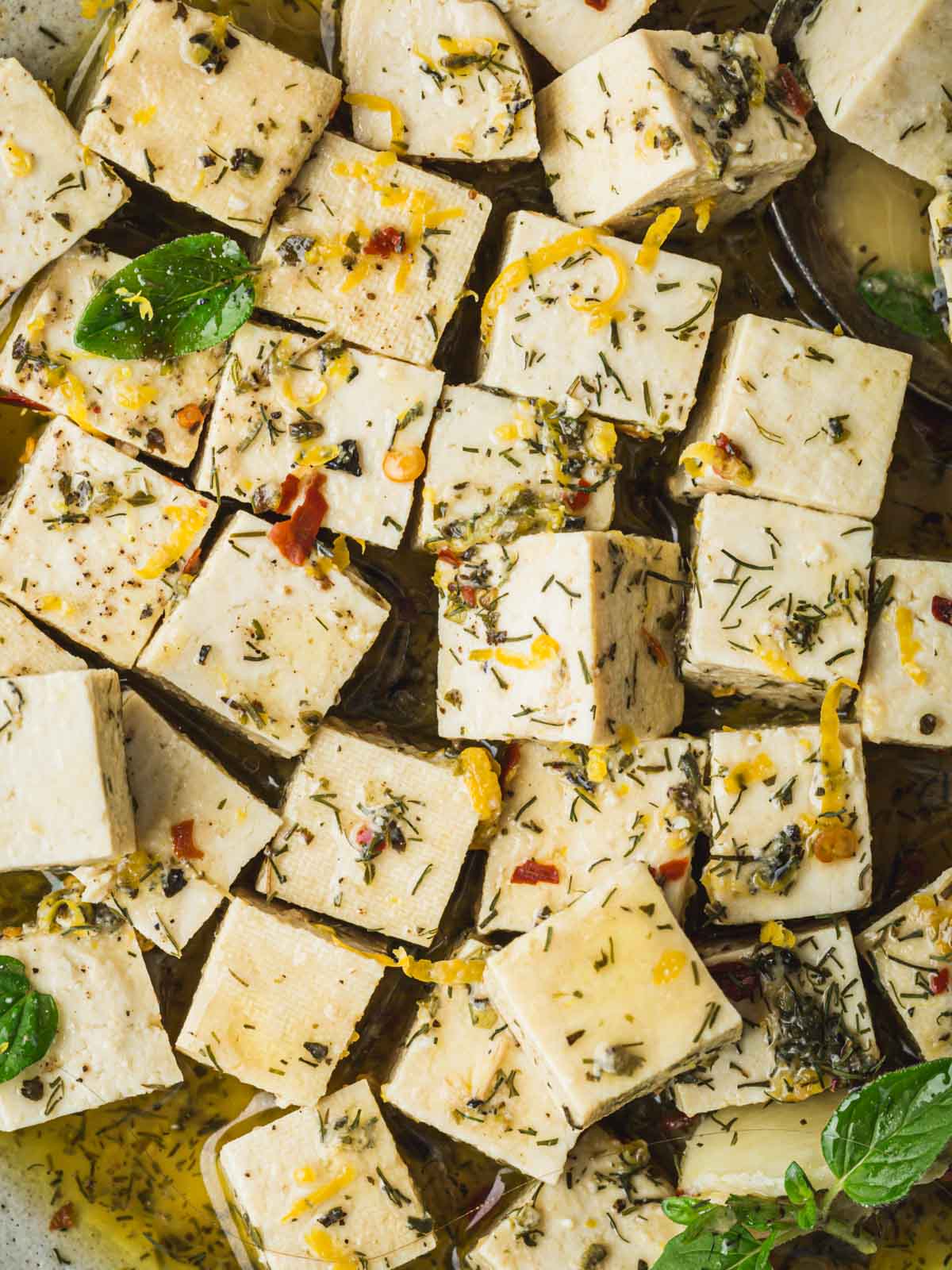 Marinated tofu feta up close.