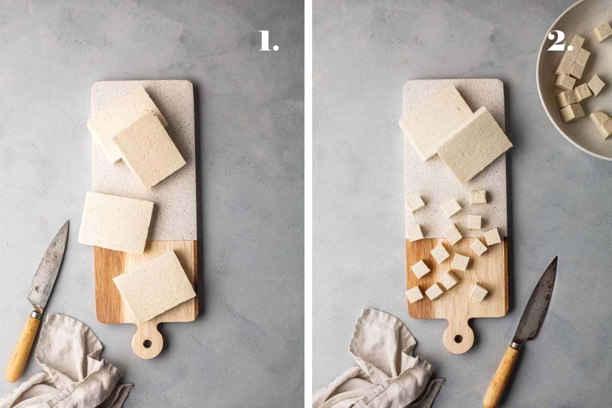 Two images of tofu chopped on a board.