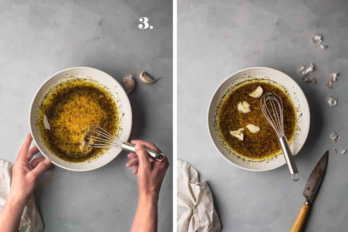 Feta marinade whisked in a bowl and with garlic added.
