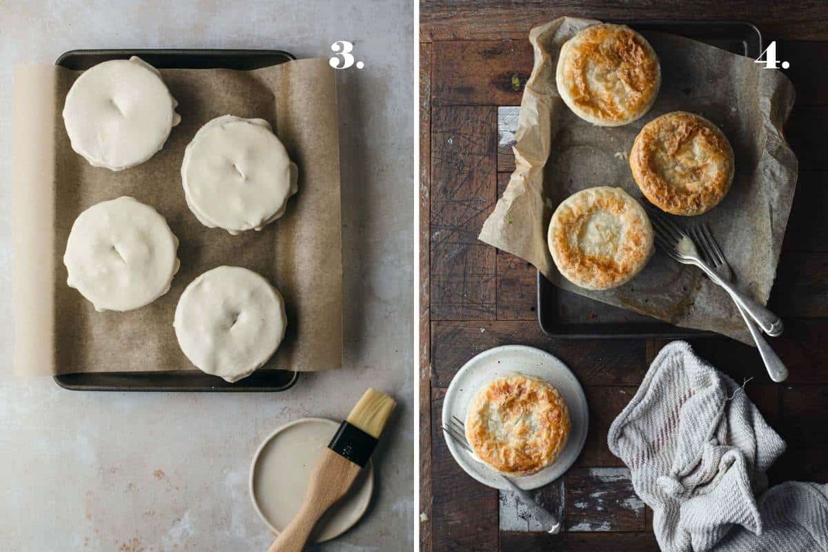 Two images showing pot pies before and after baking.