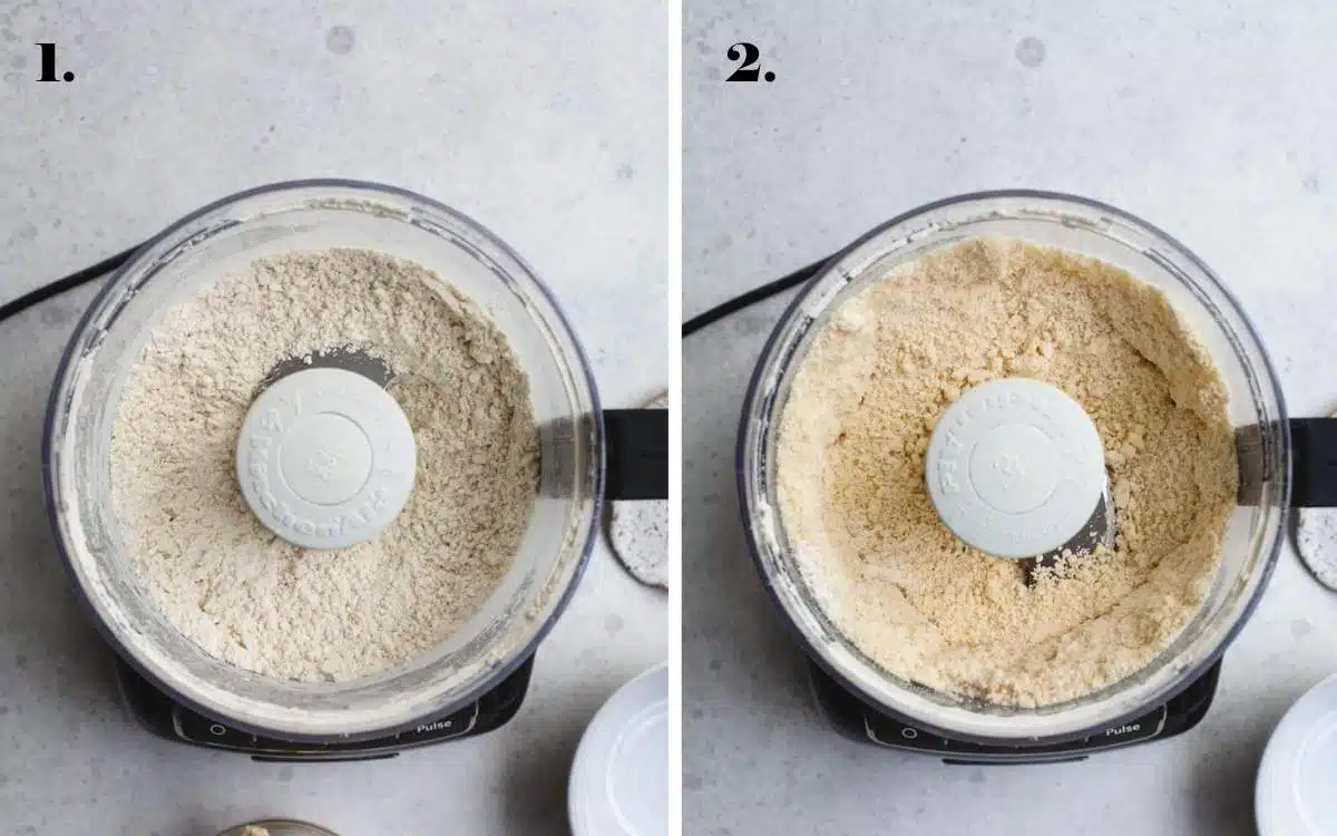 Two food images showing flour, butter and fat being processed in a processor.