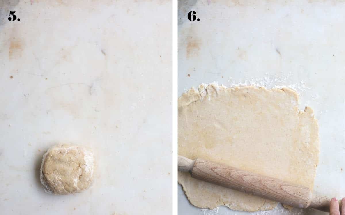 Two food images showing pie dough wrapped and rolled out on a board.
