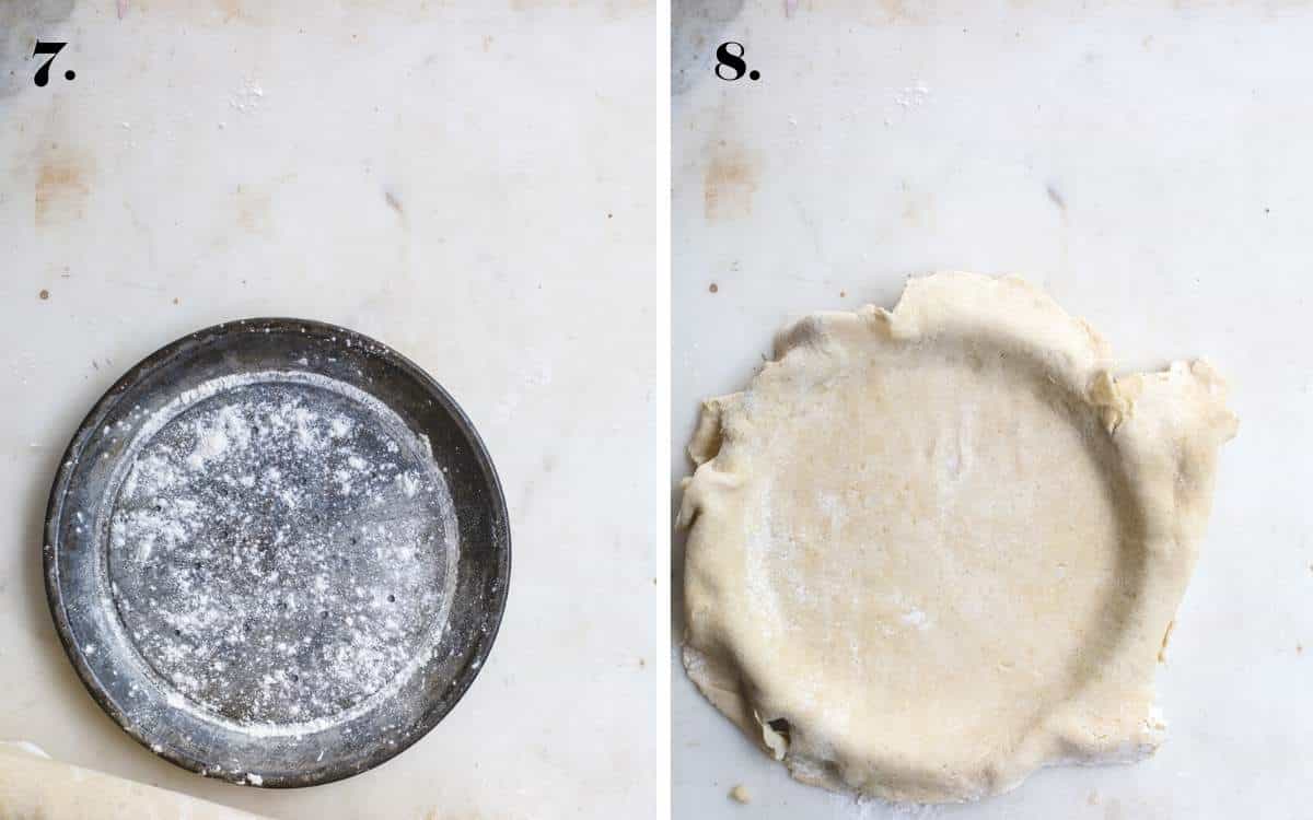 Two food images showing pie dough laid and fitted in to a pie tin.