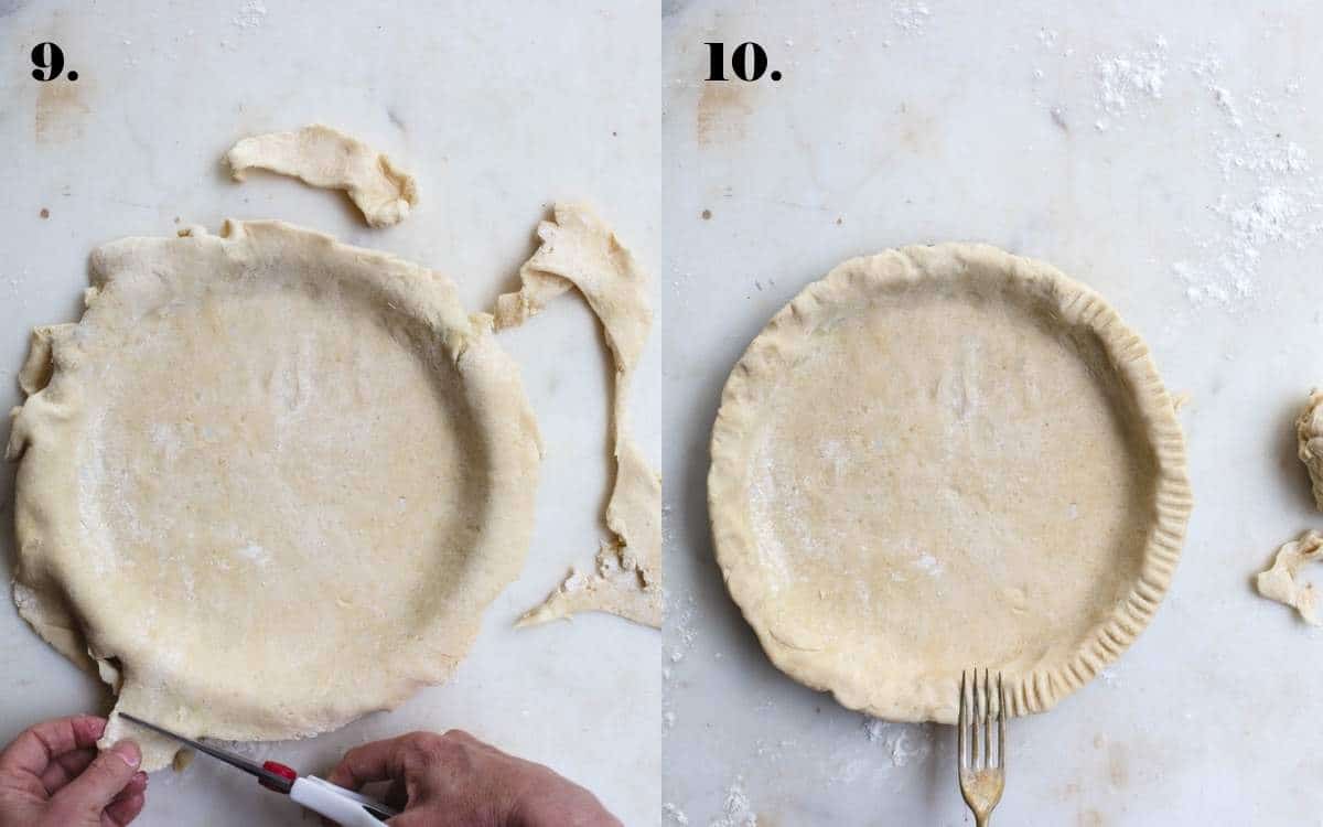 Two images of pie dough being trimmed and the finished crust.
