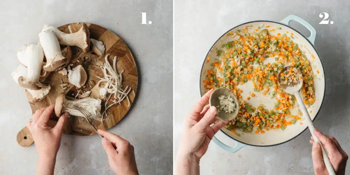 Two food images of shredding mushroom and veggies cooking. 