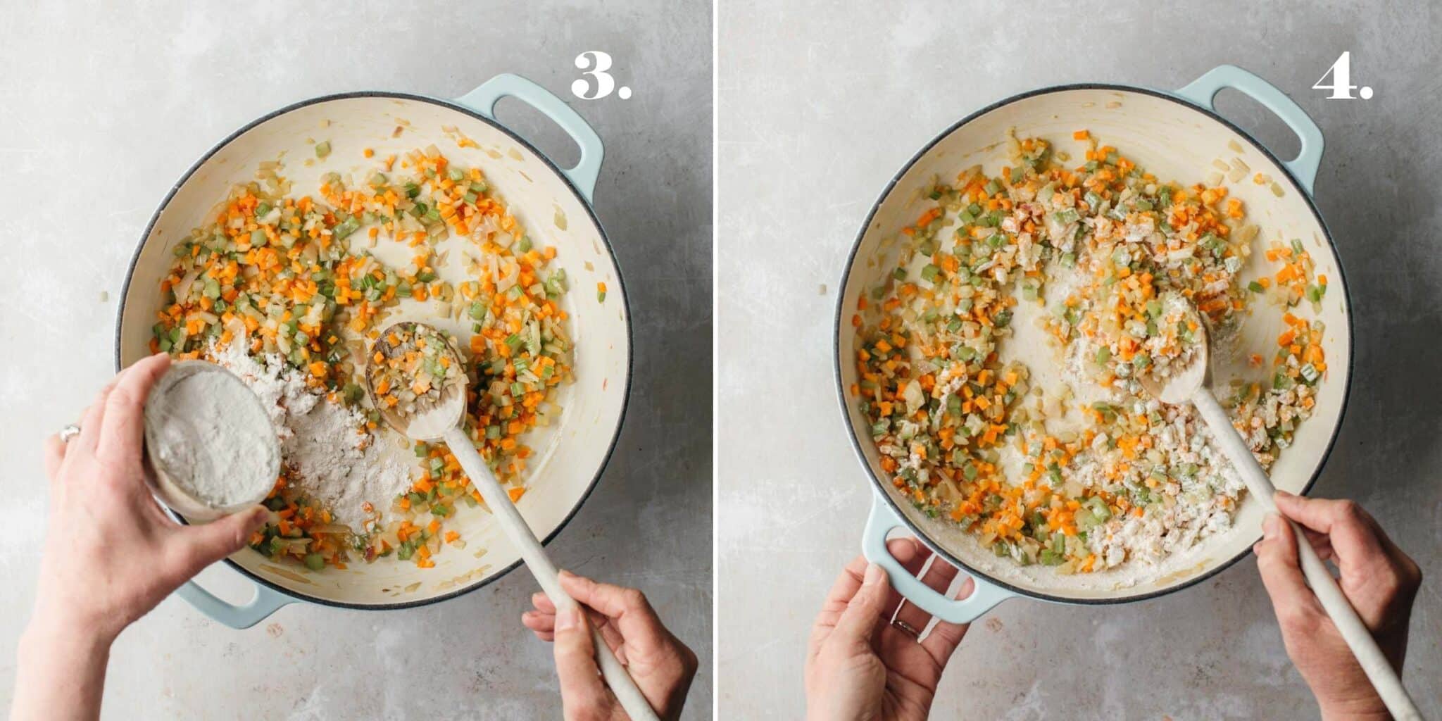 Two food images with flour added to cooking vegetables.