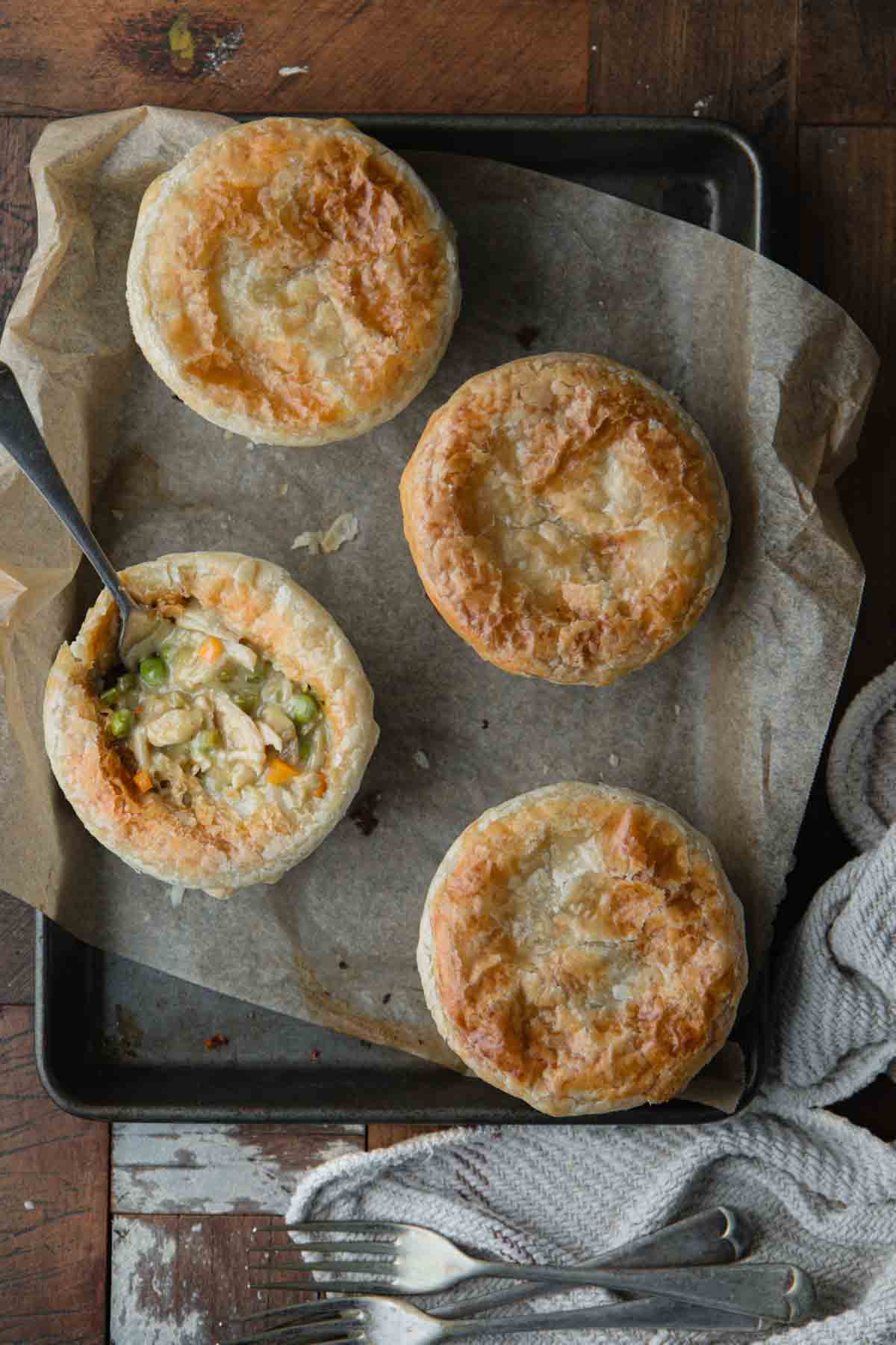 A tray of freshly backed pot pies.