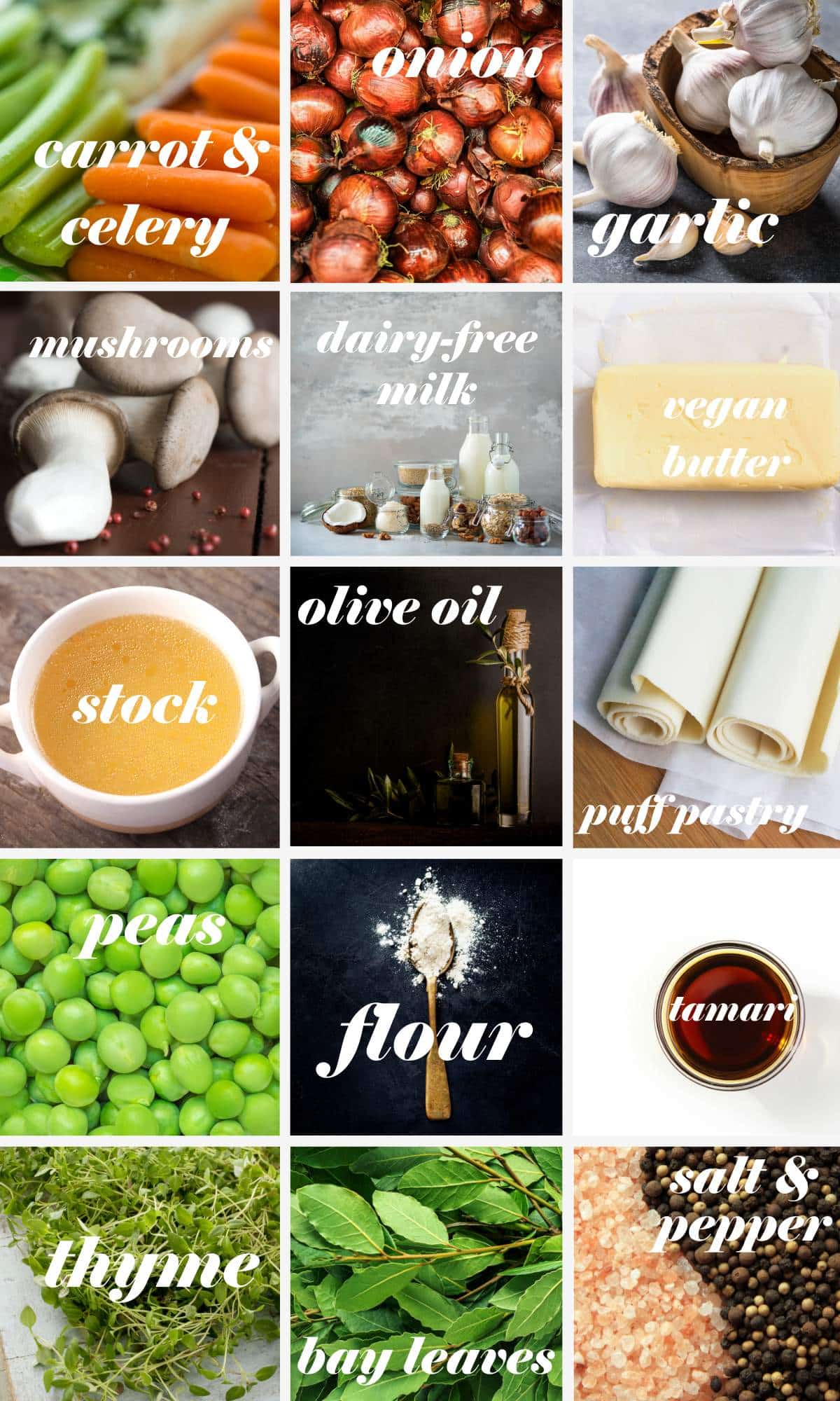 Vegan pot pie ingredients in a grid labelled.
